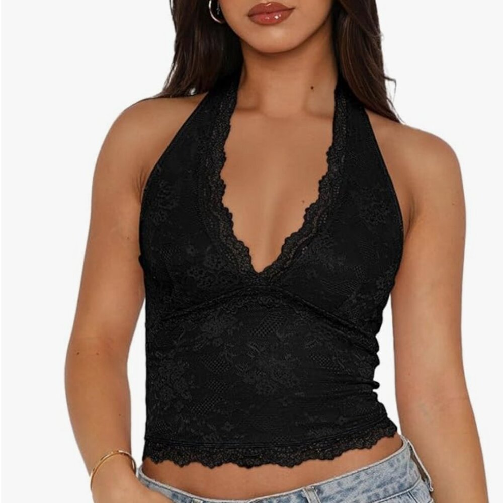 Backless V Neck Lace Halter